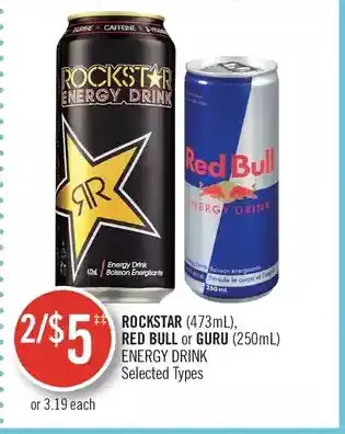 Shoppers Drug Mart Rockstar, red bull or guru energy drink offer