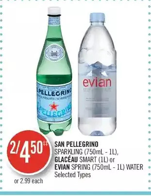 Shoppers Drug Mart San pellegrino sparkling, glaceau smart or evian spring water offer