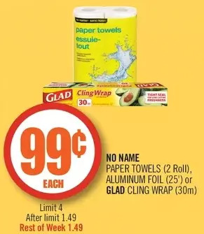 Shoppers Drug Mart No name paper towels, aluminum foil or glad cling wrap offer