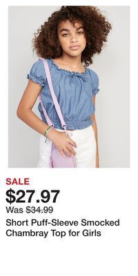 Old Navy Short puff-sleeve smocked chambray top for girls offer