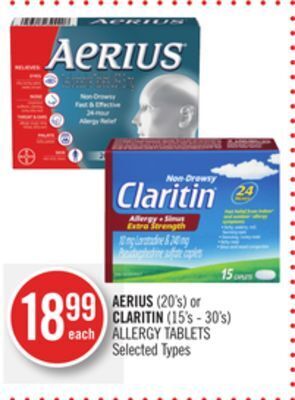 Shoppers Drug Mart Aerius (20's) or claritin (15's - 30's) allergy tablets offer