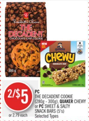 Shoppers Drug Mart Pc the decadent cookie (280g - 300g), quaker chewy or pc sweet & salty snack bars (5's) offer