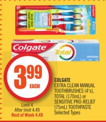 Shoppers Drug Mart Colgate extra clean manual toothbrushes (4's), total (170ml) or sensitive pro-relief (75ml) toothpaste offer