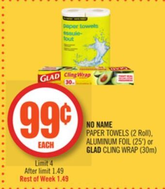 Shoppers Drug Mart No name paper towels (2 roll), aluminum foil (25') or glad cling wrap (30m) offer