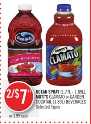 Shoppers Drug Mart Ocean spray (1.77l - 1.89l), mott's clamato or garden cocktail (1.89l) beverages offer
