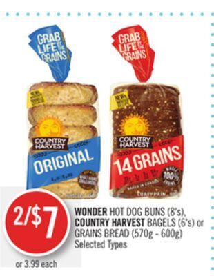 Shoppers Drug Mart Wonder hot dog buns (8's), country harvest bagels (6's) or grains bread (570g - 600g) offer