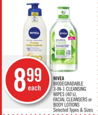 Shoppers Drug Mart Nivea biodegradable 3-in-1 cleansing wipes body lotions offer