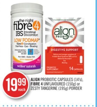 Shoppers Drug Mart Align probiotic capsules (14's) fibre 4 unflavoured (150g) or zesty tangerine (195g) powder offer