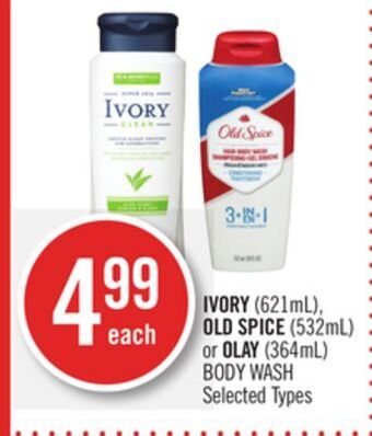 Shoppers Drug Mart Ivory (621ml), old spice (532ml) or olay (364ml) body wash offer