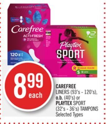 Shoppers Drug Mart Carefree liners (93's - 120's), o.b. (40's) or playtex sport (32's - 36's) tampons offer