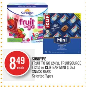 Shoppers Drug Mart Sunrype fruit to go (24's), fruitsource (12's) or clif bar mini (10's) snack bars offer