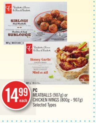Shoppers Drug Mart Pc meatballs (907g) or chicken wings (800g - 907g) offer