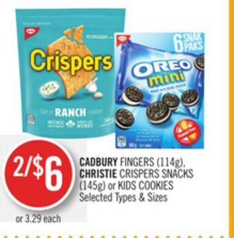Shoppers Drug Mart Cadbury fingers (114g), christie crispers snacks (145g) or kids cookies offer