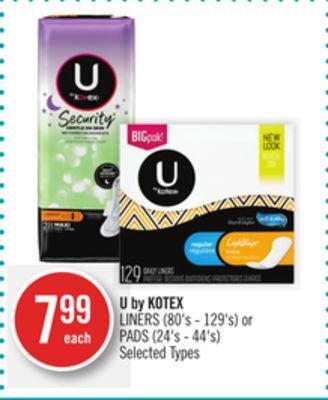 Shoppers Drug Mart U by kotex liners (80's - 129's) or pads (24's - 44's) offer