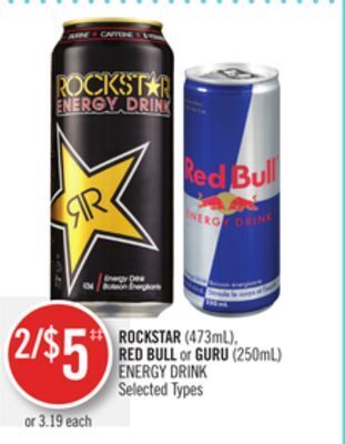 Shoppers Drug Mart Rockstar (473ml), red bull or guru (250ml) energy drink offer