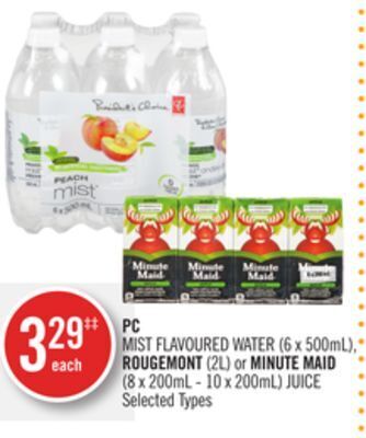Shoppers Drug Mart Pc mist flavoured water (6 x 500ml), rougemont (2l) or minute maid (8 x 200ml - 10 x 200ml) juice offer