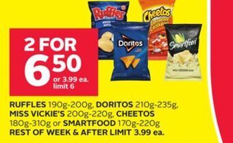Rexall Ruffles 190g-200g, doritos 210g-235g, miss vickie's 200g-220g, cheetos 180g-310g or smartfood 170g-220g offer