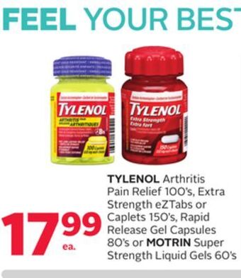 Rexall Tylenol arthritis pain relief 100' s, extra strength eztabs or caplets 150' s, rapid release gel capsules 80' s or motrin sup offer