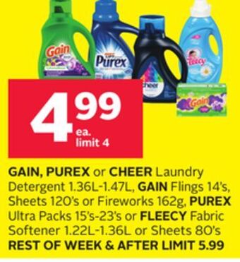 Rexall Gain, purex or cheer laundry detergent 1.36l-1.47l, gain flings 14' s, sheets 120' s or fireworks 162g, purex ultra packs 15' offer