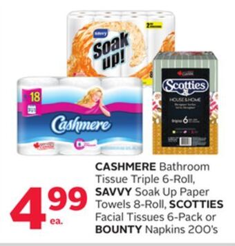 Rexall Cashmere bathroom tissue triple 6-roll, savvy soak up paper towels 8-roll, scotties facial tissues 6-pack or bounty napkins 2 offer