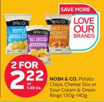 Rexall Nosh & co. potato chips, cheese stix or sour cream & onion rings 130g-140g offer