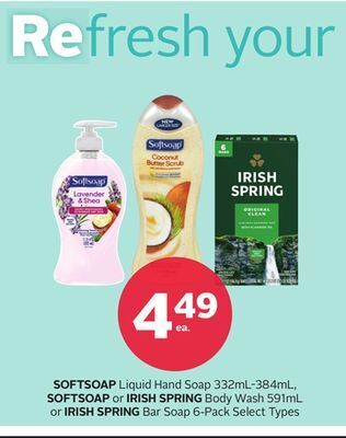 Rexall Softsoap liquid hand soap 332ml-384ml, softsoap or irish spring body wash 591ml or irish spring bar soap 6-pack offer