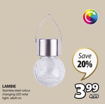 JYSK Lambie stainless steel colour changing led solar light offer