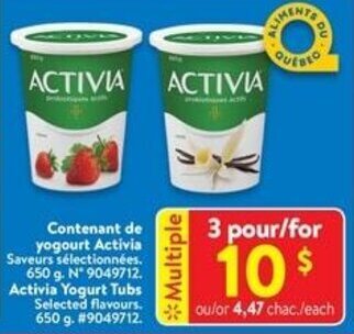 Walmart Activia Yogurt Tubs Selected flavours. 650 g. #9049712. offer