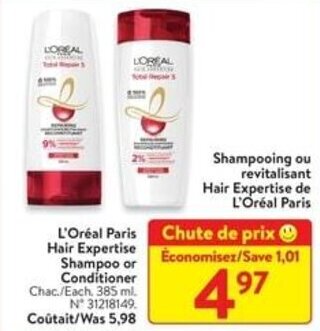 Walmart L'Oréal Paris Hair Expertise Shampoo or Conditioner Chac./Each, 385 ml. offer