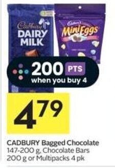 IGA CADBURY Bagged Chocolate 147-200 g. Chocolate Bars 200 g or Multipacks 4 pk offer