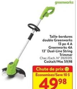 Walmart Greenworks 4A 13" Dual-Line String Trimmer offer