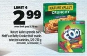 Real Canadian Superstore Nature Valley granola bars Mott's or Betty Crocker fruit snacks selected varieties, 120-230 g offer
