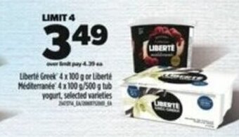 Real Canadian Superstore Liberté Greek 4 x 100 g or Liberté Mediterranée 4x100 g/500 g tub offer