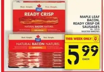 Food Basics Maple leaf bacon, ready crisp or sausages offer