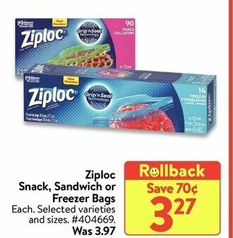 Walmart Ziplock snack, sandwich or freezer bags offer