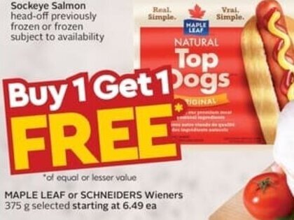 Safeway MAPLE LEAF or SCHNEIDERS Wieners 375 g offer