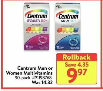 Walmart Centrum men or women multivitamins offer