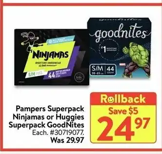 Walmart Pampers superpack ninjamas or huggoes superpack goodnites offer