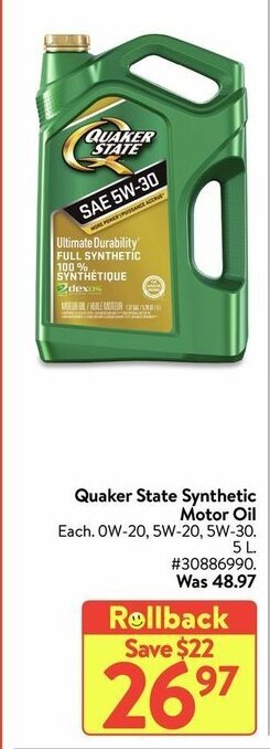 Walmart Quaker state synthetic motor oil offer