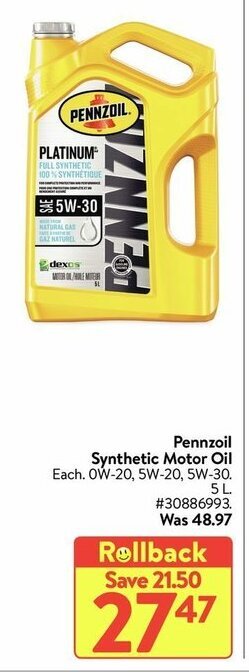Walmart Pennzoil synthetic motor oil offer