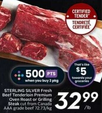 Safeway STERLING SILVER Fresh Beef Tenderloin Premium Oven Roast or Grilling Steak 72.73/kg offer