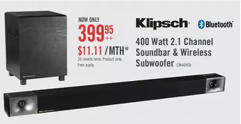 The Brick Klipsch cinema 400 2.1-channel 400 w soundbar and wireless subwoofer offer