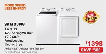 Visions Electronics Samsung 4.6 cu.ft top loading washer + 7.2 cu.ft front loading electric dryer offer