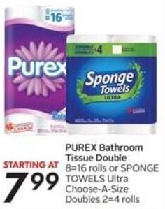 Safeway PUREX Bathroom Tissue Double STARTING AT 8=16 rolls or SPONGE offer