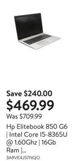 Walmart Hp Elitebook 850 G6 Intel Core 15-8365U @1.60Ghz | 16Gb Ram offer