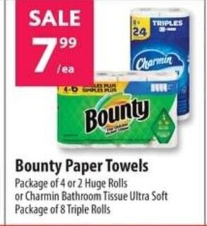 Co-op Bounty Paper Towels Package of 4 or 2 Huge Rolls or Charmin Bathroom Tissue Ultra Soft Package of 8 Triple Rolls offer