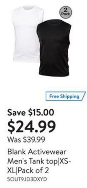 Walmart Blank Activewear Men's Tank top XS-XL Pack of 2 offer
