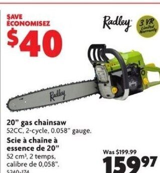 Home Hardware 20" gas chainsaw 52CC, 2-cycle, 0.058" gauge. offer