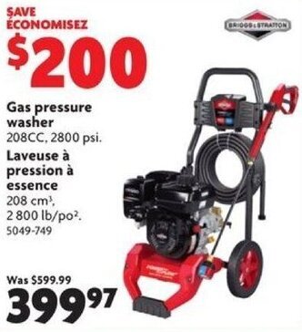 Home Hardware Gas pressure washer 208CC offer