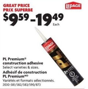 Home Hardware PL Premium® construction adhesive offer